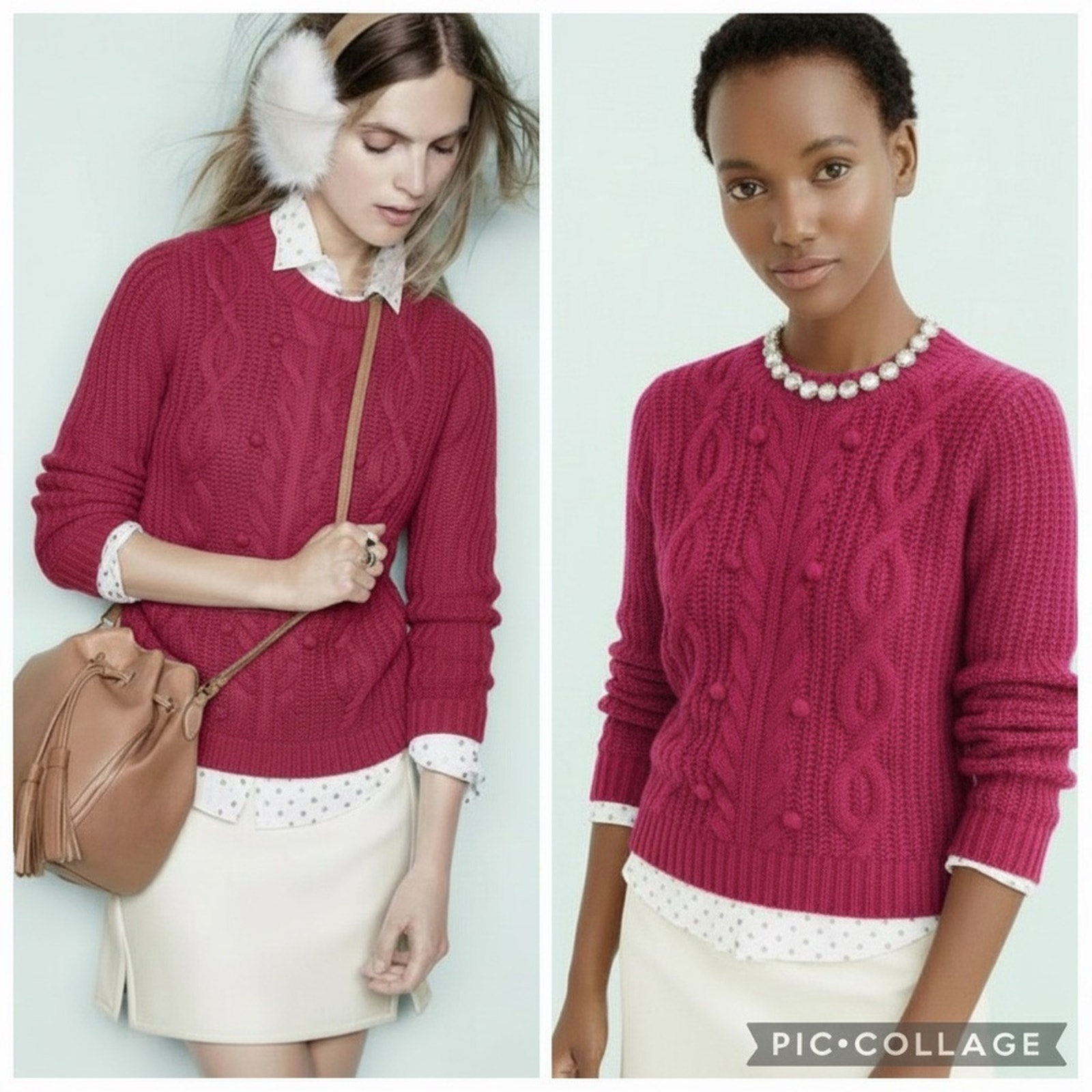 J.Crew 100% Cashmere Crew Neck Collection Pom Cable Knit Sweater Berry Pink S
